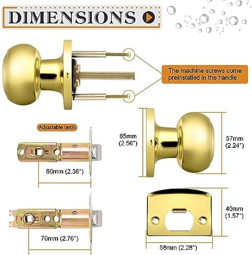 Keyless Flat Ball Door Knob, Non-Locking Passage Door Hardware in Polished Brass for Closet, Hallway & Passage Handle, 1 Pack