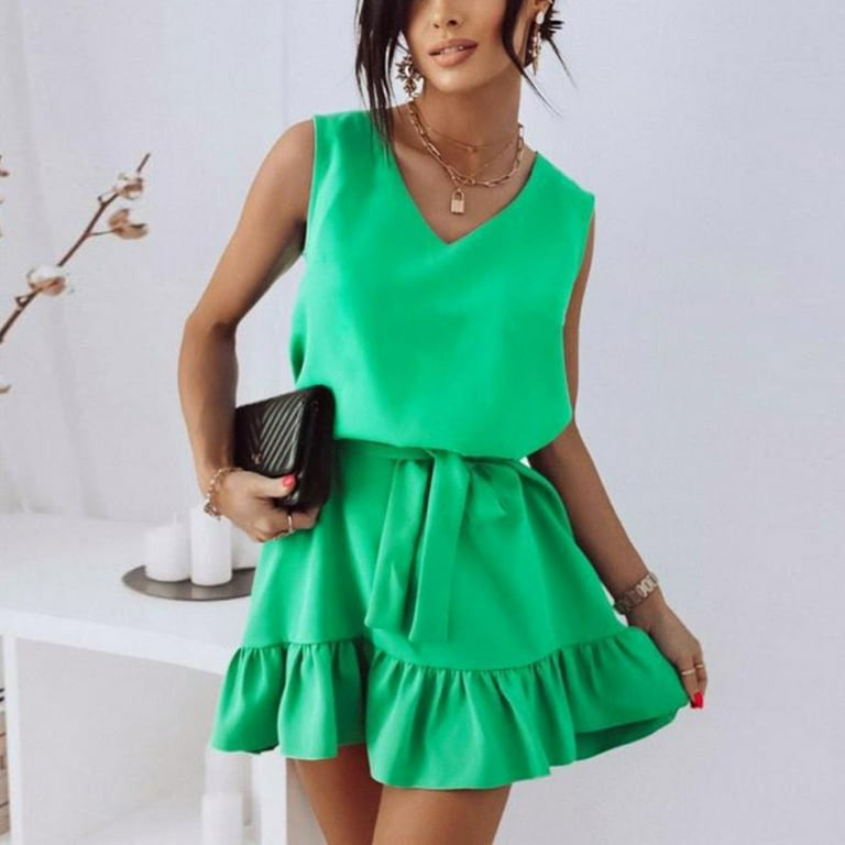 Tuphregyow Women s Clearance Soild Color Sleeveless V Neck Dress Waist Cord Business Grace Dress Mini Dress Summer Green L Walmart