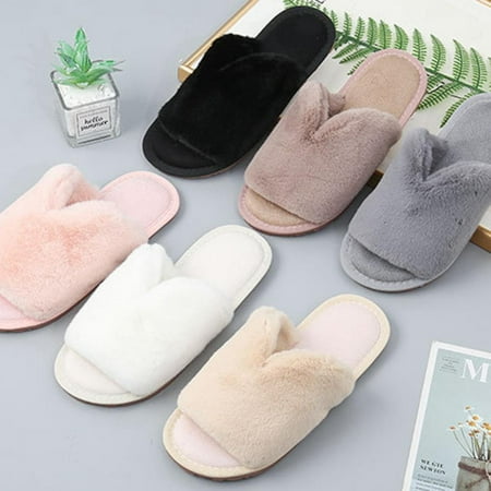 

Women s Fuzzy Faux Fur Memory Foam Cozy Flat Spa Slide Slippers Comfy Open Toe Slip On House Shoes Sandals