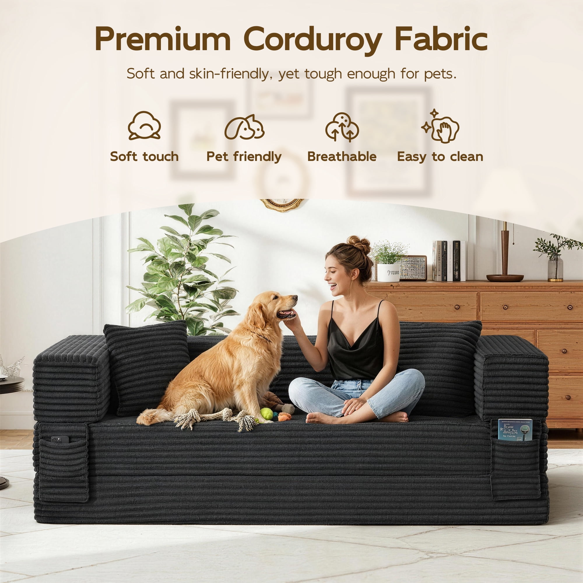 Aukfa 78.7" Corduroy Convertible Sofa Bed, Boneless Sleeper Sofa Couch for Living Room Apartment,Dark Gray