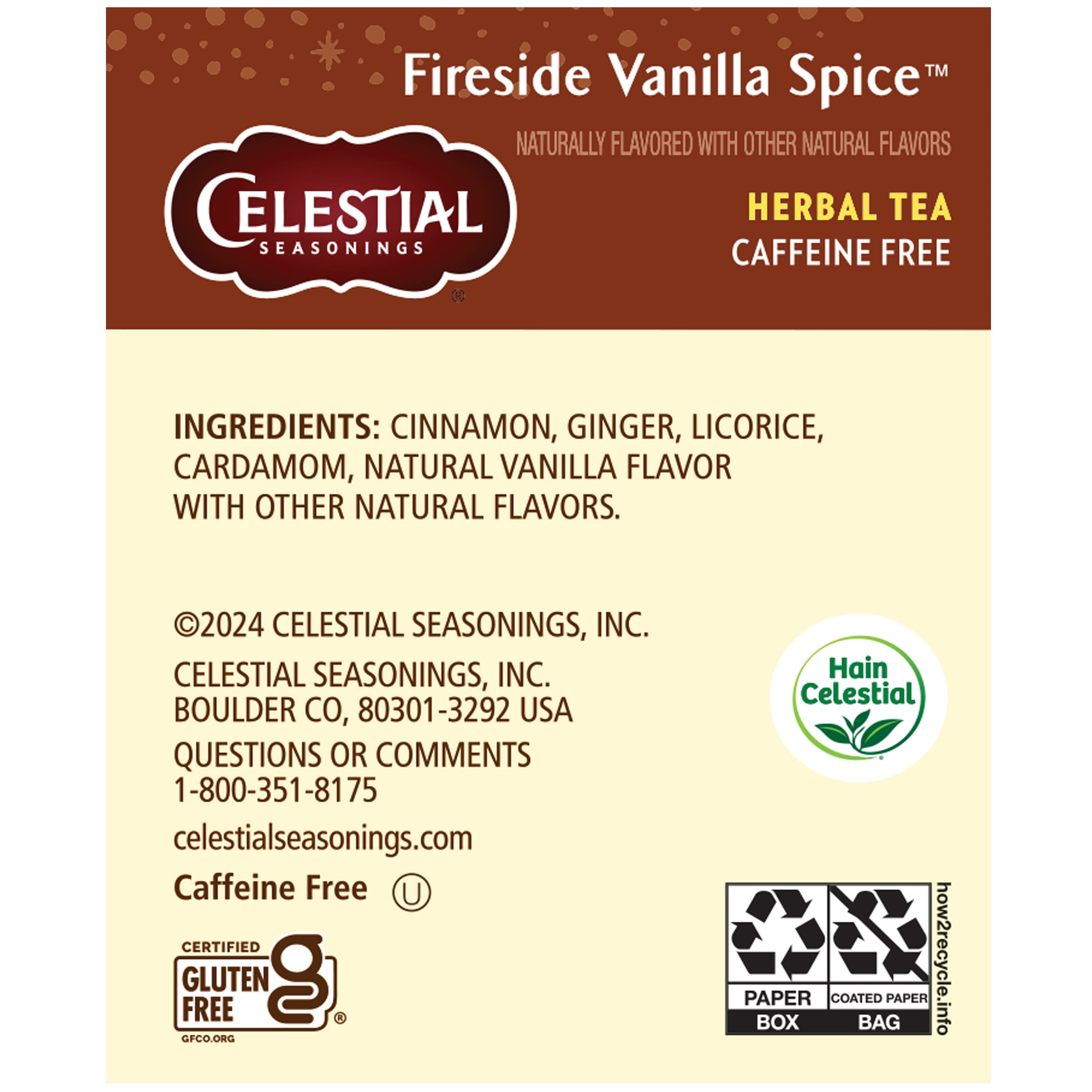 (3 pack) Celestial Seasonings Fireside Vanilla Spice Caffeine-Free Herbal Tea Bags (20 Count)