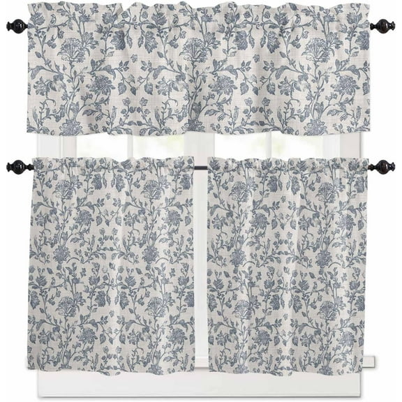 Farmhouse Blue Floral Kitchen Curtains, Vintage Botanical Leaves 3-Piece Kitchen Curtain Valance and Tiers Set 24 Inch Length, Burlap Rod Pocket Half Window Curtains for Cafe Living Room Bathroom