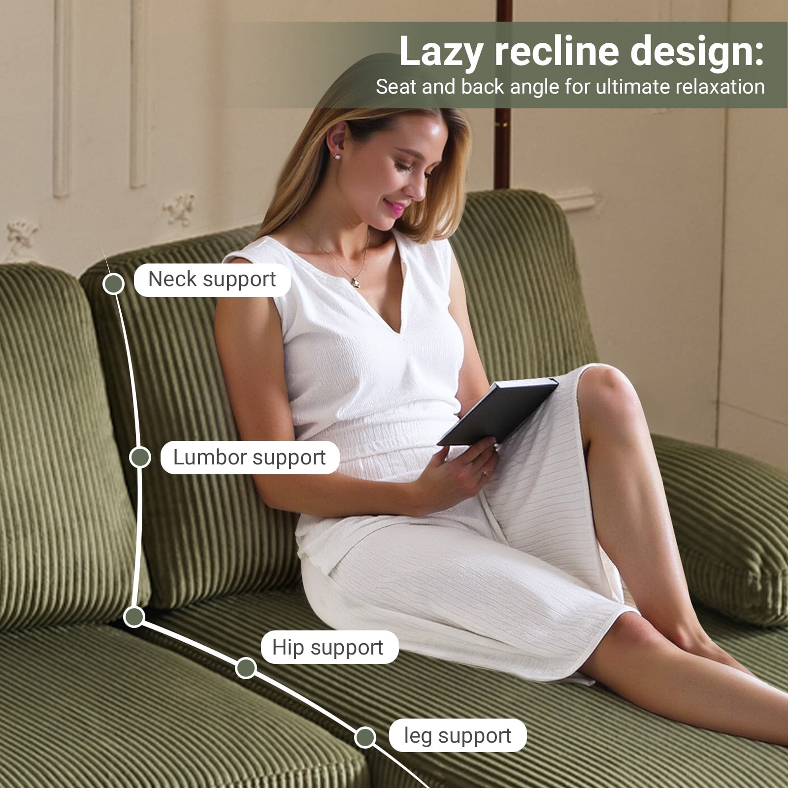 Ktaxon U-Shaped Sectional Sofa, 111"  Corduroy Couch, 4 Seat Lounge Sleeper with Double Chaise for Living Room Green