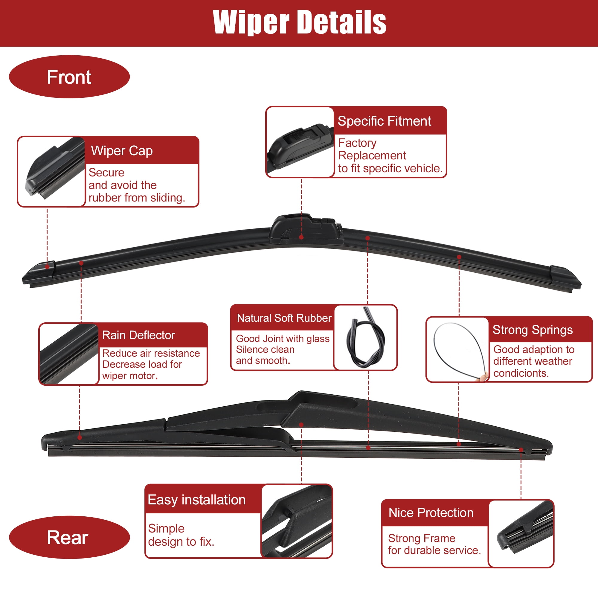 Unique Bargains 3 Pcs 26" 17" 12" Front Rear Windshield Wiper Blade Set Fit for Infiniti QX60 with J / U Hook Black