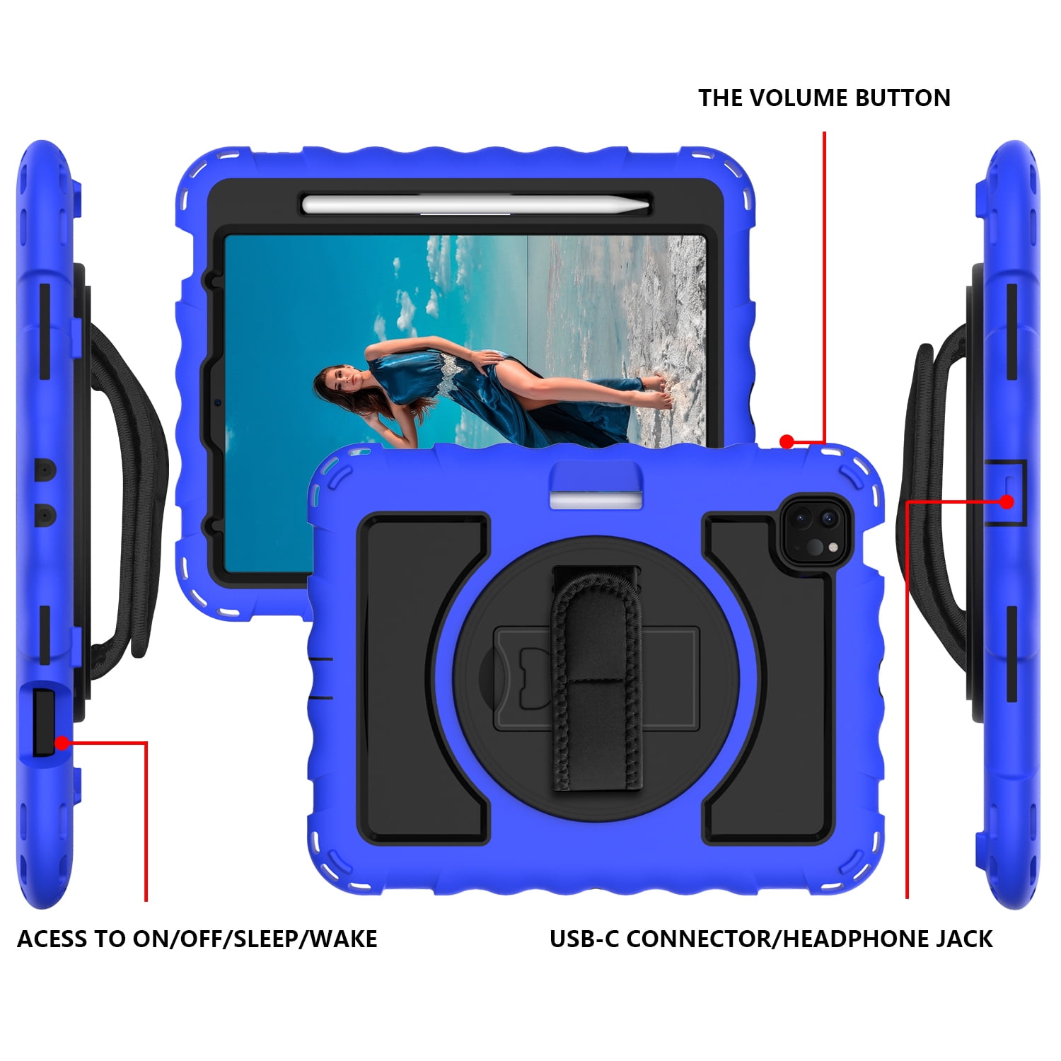 Allytech iPad Air 5 4 10.9 Case 2022/2020, Heavy Duty Shockproof Kids Case with Pencil Holder Hand Strap Kickstand Shoulder Strap for Apple iPad Air 5th 4th Generation 10.9 Inch -Blue