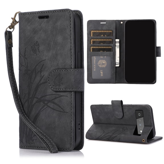 Nalacover Slim Wallet Case for Google Pixel 6 Pro, for Women Men, Embossed Pattern PU Leather Shockproof Magnetic Clasp Credit Card Slots Flip Kickstand Phone Case Wrist Strap,Black