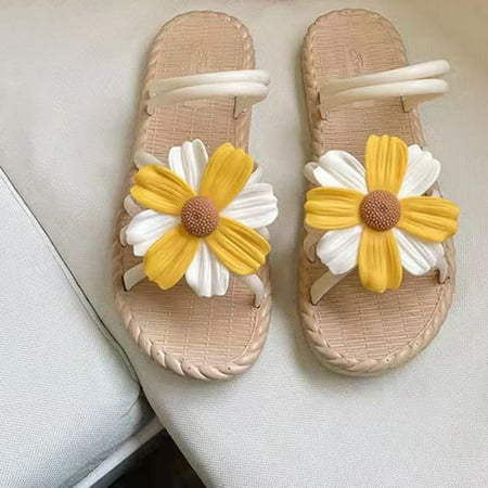

Cathalem Women Beauty Comfort Cute Four Leaf Summer Footwear Versatile Beach Flower Slippers Pep Step Sandals for Women Yellow 5.5