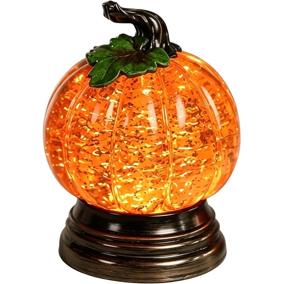 Glitter Lighted Pumpkin Snow Globe, Halloween Snow Globe Decor with Warm Orange LED Glow, Fall Snows Globes with Shimmering Glitter Water Globes Pumpkin, Thanksgiving Centerpiece, Seasonal Gift