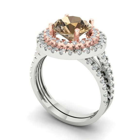 2.68 ct Brilliant Round Cut Champagne 18K White/Rose Gold Halo Solitaire with Accents Engagement Bridal Wedding Ring Band Set size 3.5
