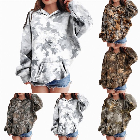 Xudanell Light Camo Hoodies for Teen Girls Cute Sweatshirt Maple Leaf Print Oversized Fleece Sweatshirts Pullover Tops with Pocket White,Size 3-4
