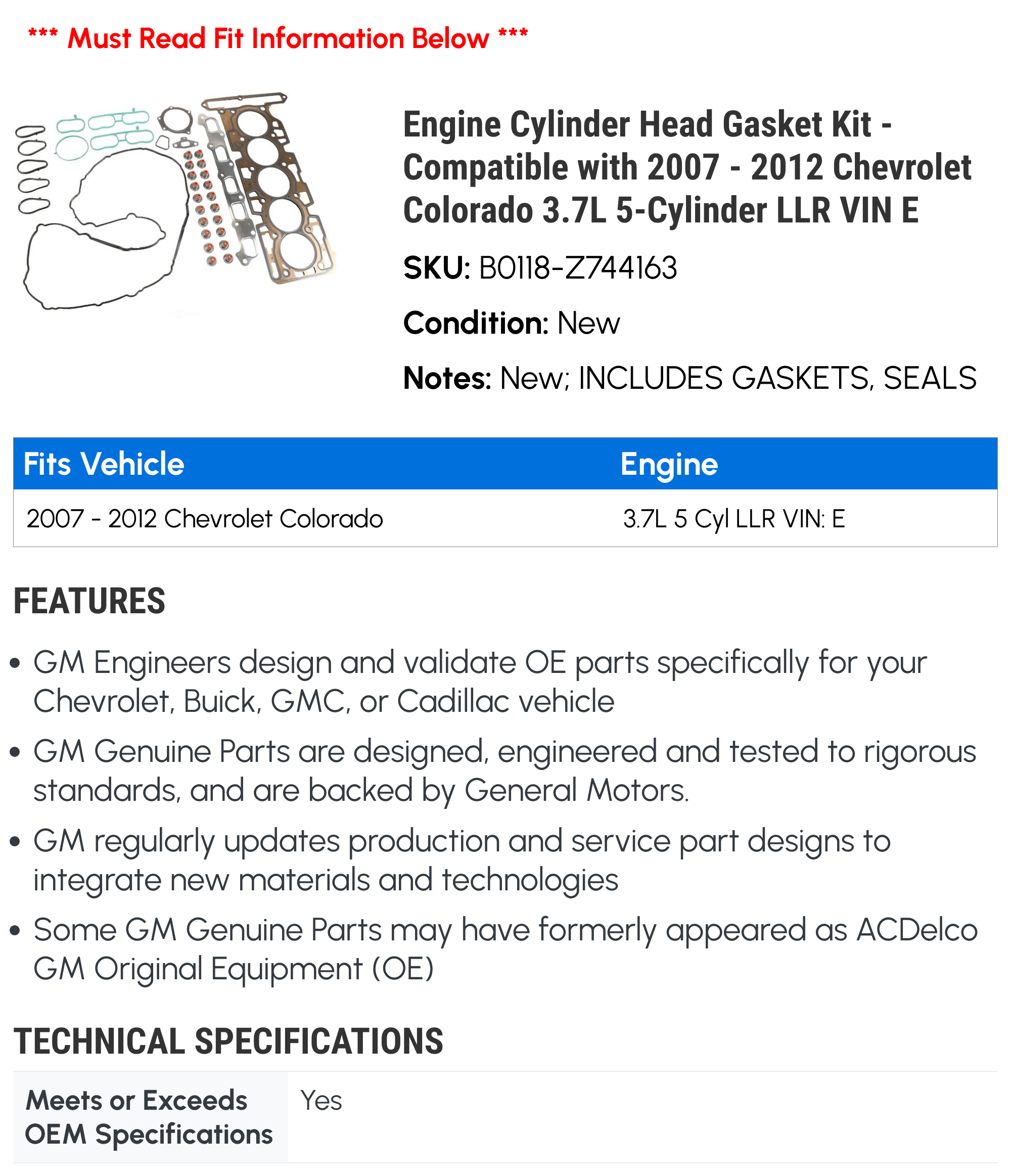 Engine Cylinder Head Gasket Kit Compatible with 2007 2012 Chevy  Colorado 3.7L 5-Cylinder LLR VIN E 2008 2009 2010 2011