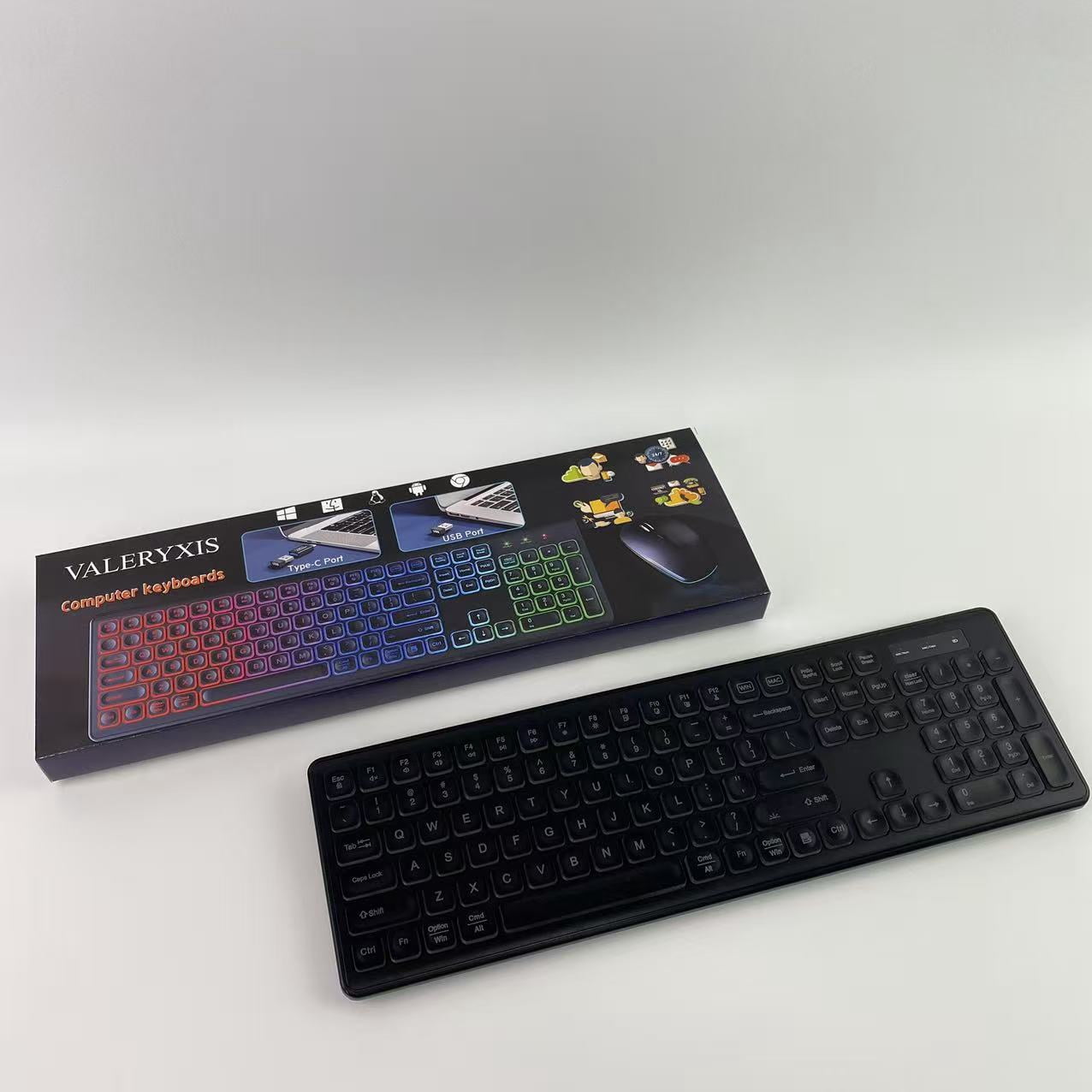 VALERYXIS Computer keyboard, wireless keyboard, rechargeable and illuminated letters, full-size
