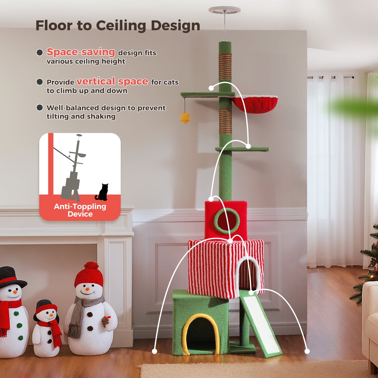 Pefilos Christmas Cat Tree for Adult Cats, Adjustable Height 83-108'' Floor to Ceiling Cat Tower with 3 Condos, Hammock, Thick Scratching Posts, Red
