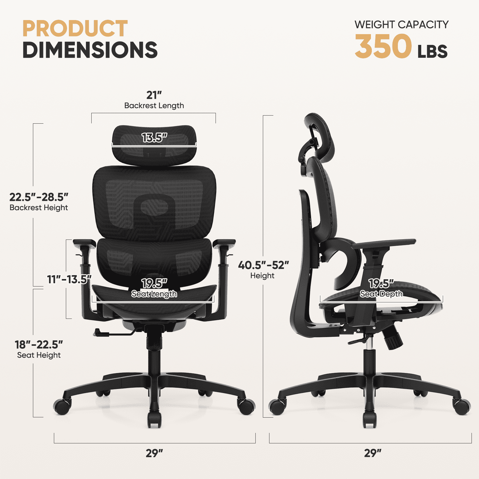 Magshion 1pc Ergonomic Office Chair with Adjustable Lumbar Support, 3D Armrests, 145° Recline & Headrest, High Back Desk Chair