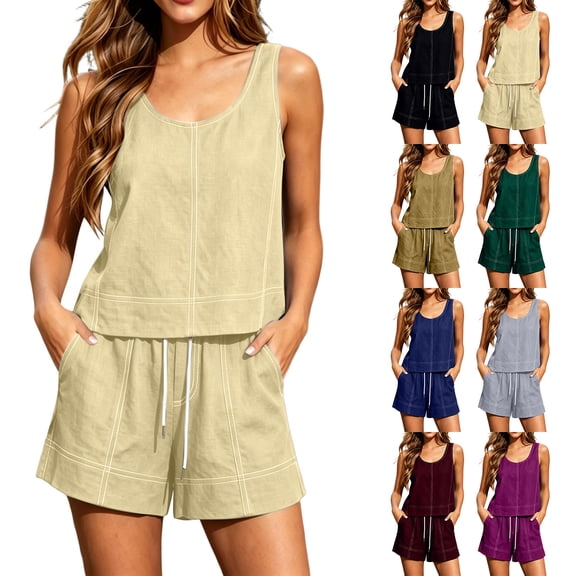 Naotn Linen Two Piece Short Sets for Women Summer Casual Sleeveless Tank Top and Drawstring Elastic Waist Shorts Comfy Vacation Beach Outfits