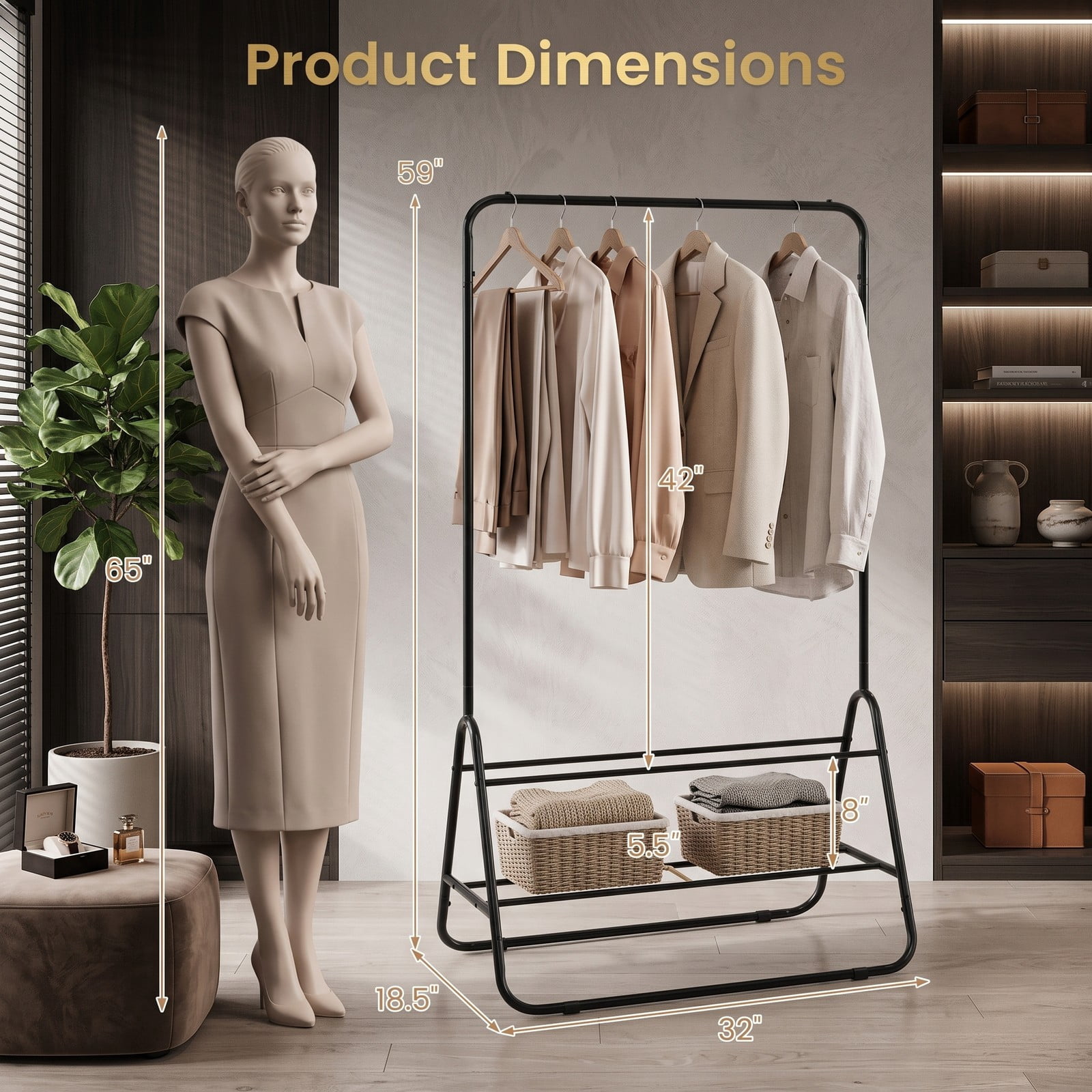 Furnibear Heavy Duty Metal Clothes Rack with Hanging Rod and 2 Storage Shelves for Bedroom Laundry Room and Hallway, Black