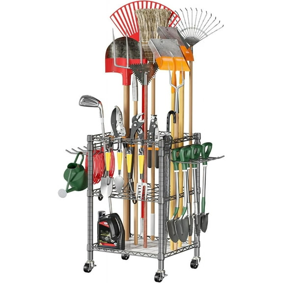 Garden Tool Organizer(with Lockable Wheels) Heavy Duty Garage Tool Storage for Yard,Shed,Outdoor and Lawn,Freestanding Tool Organizers and Storage UP to 50 Tools,Grey with Anti-Tip Device