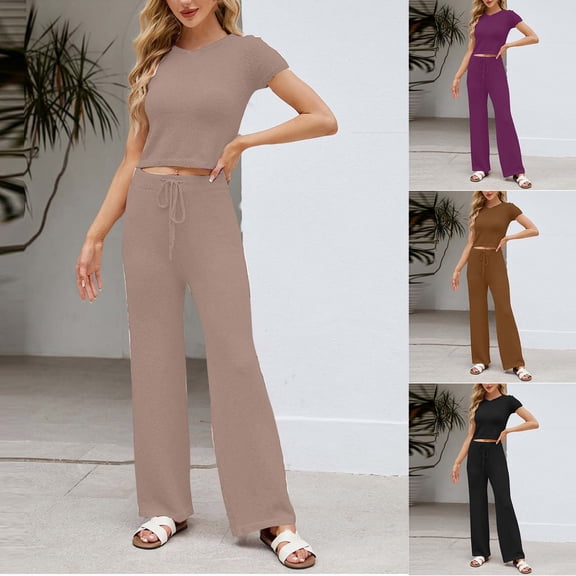 FRSASU Women's Cable Knit Sweater Lounge Set – Short Sleeve Pullover Top with Drawstring Wide Leg Pants, 2 Piece Cozy Outfit Purple