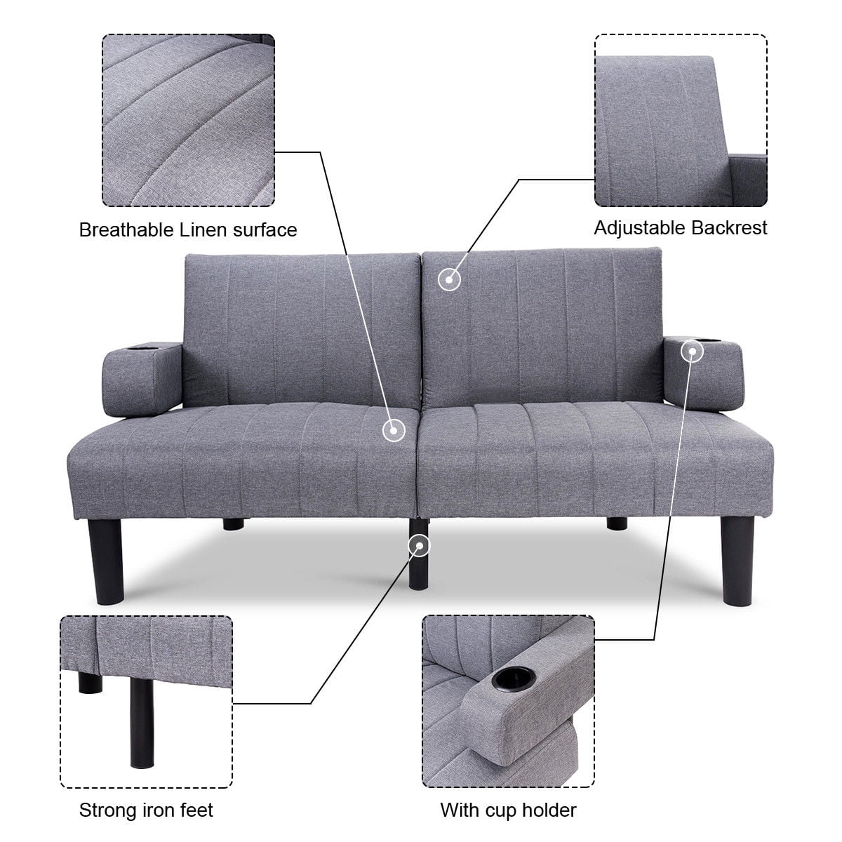 Costway Futon Sofa Bed Convertible Linen Upholstered SplitBack Lounge