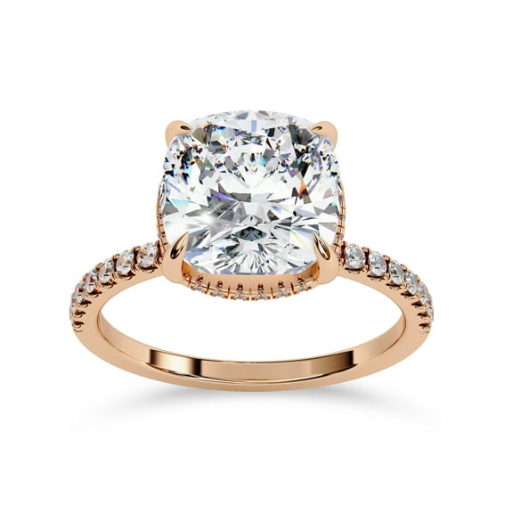 IGI Certified Lab Grown Diamond Hidden Halo Solitaire Engagement Ring, Center 9.25mm Cushion Cut Stackable Wedding Rings For Women In 18K Solid Rose Gold F-G, VS-SI Quality (3.50 Cttw) Ring Size-8.5