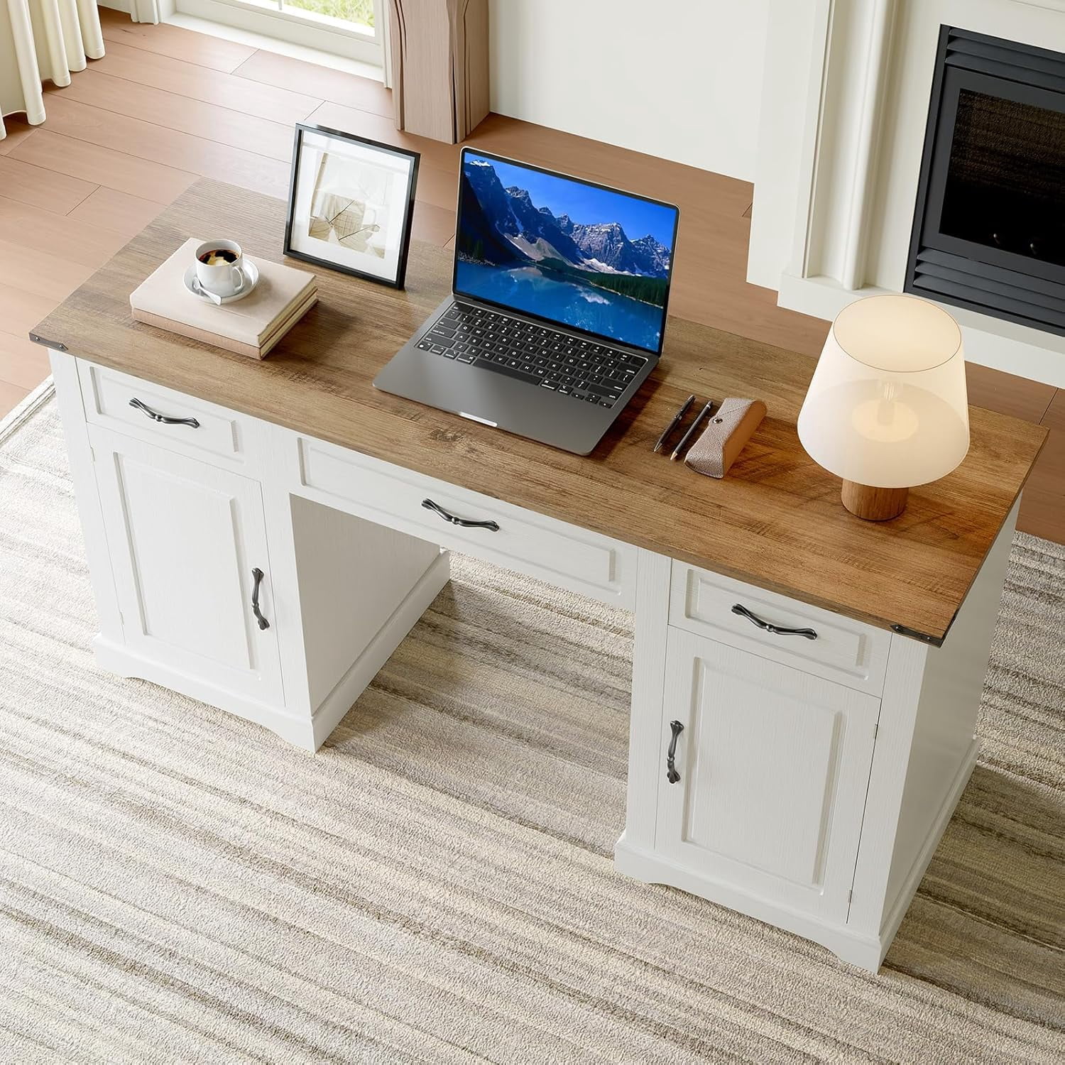 60" Farmhouse Executive Desk Computer Desks with Drawers and Cabinet Wood Workstation Computer Desks for Study and Home Office