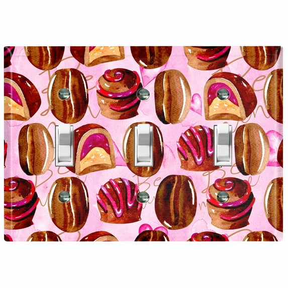 Metal Light Switch Wall Plate Outlet Cover (Coffee Mocha Candy Bean Toffee Swirl Pink Heart - Triple Toggle)
