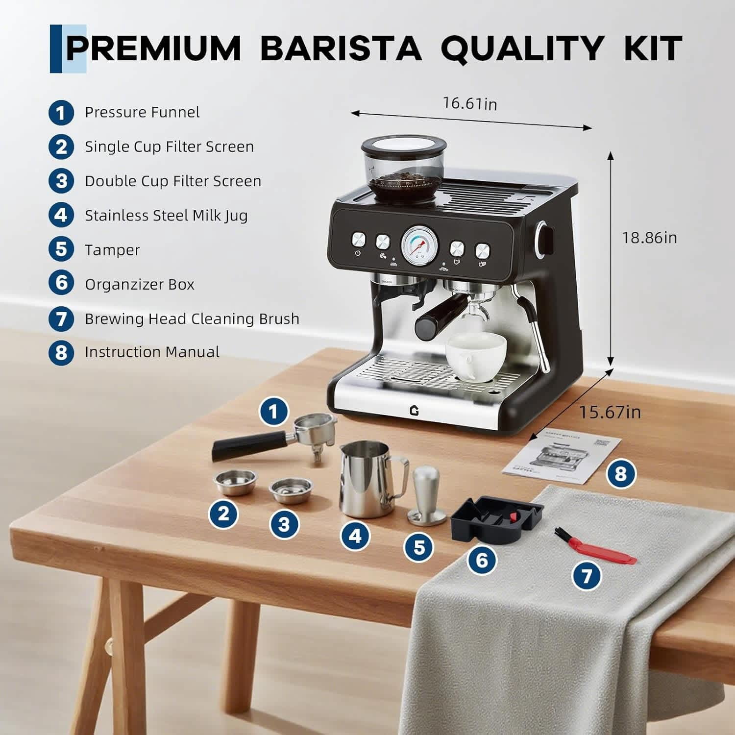 EastVita Stainless Steel Espresso Machine With Grinder And 20 Bar Pressure 2.8 Litre Removable Water Tank Latte/Cappuccino Milk Frother And Steam Wand
