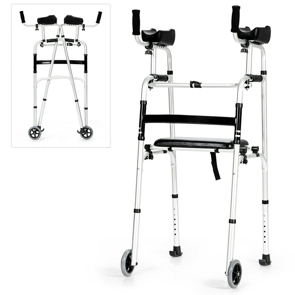 Costway Foldable Aluminum Alloy Walker Wheel Walking Frame W/ Seat