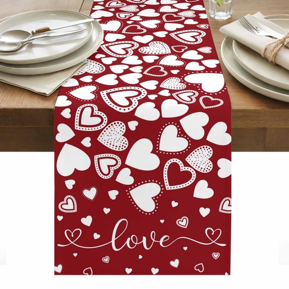 Red White Valentine's Day Table Runner - 90 Inch Long, Kitchen Dining Table Runner Dresser Scarves, Love Heart Modern Art Romantic Farmhouse Decor for Coffee Tables Wedding Party Banquet