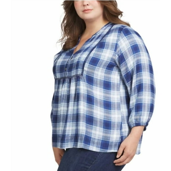 Wrangler Womens Blouse Plaid 3/4 Sleeves Lightweight Elastic Cuffs