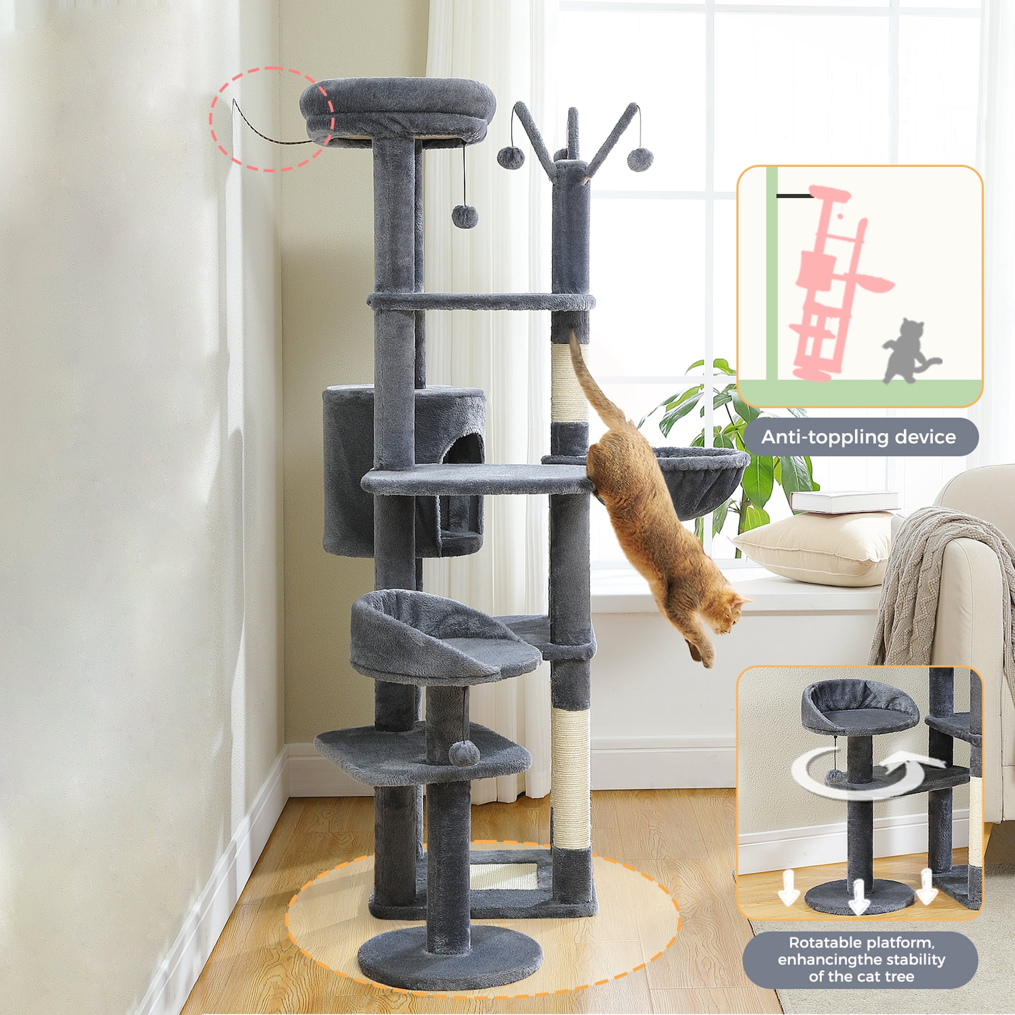 Pefilos 59" Multi-Level Cat Tree House with Large Hammock, Scratching Post, 2 Perches, Cat Tower with 3 Removable Pompom Sticks, Cat Condo, Dark Gray Pefilos 59" Multi-Level Cat Tree House with Large Hammock, Scratching Post, 2 Perches, Cat Tower with 3 Removable Pompom Sticks, Cat Condo, Dark Gray