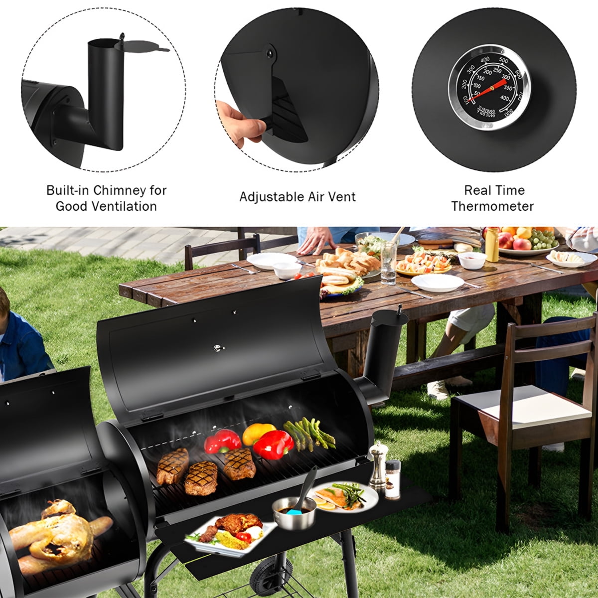 AKIUDEX Outdoor Portable BBQ Charcoal Grill with Offset Smoker for Pit Patio Backyard, Black