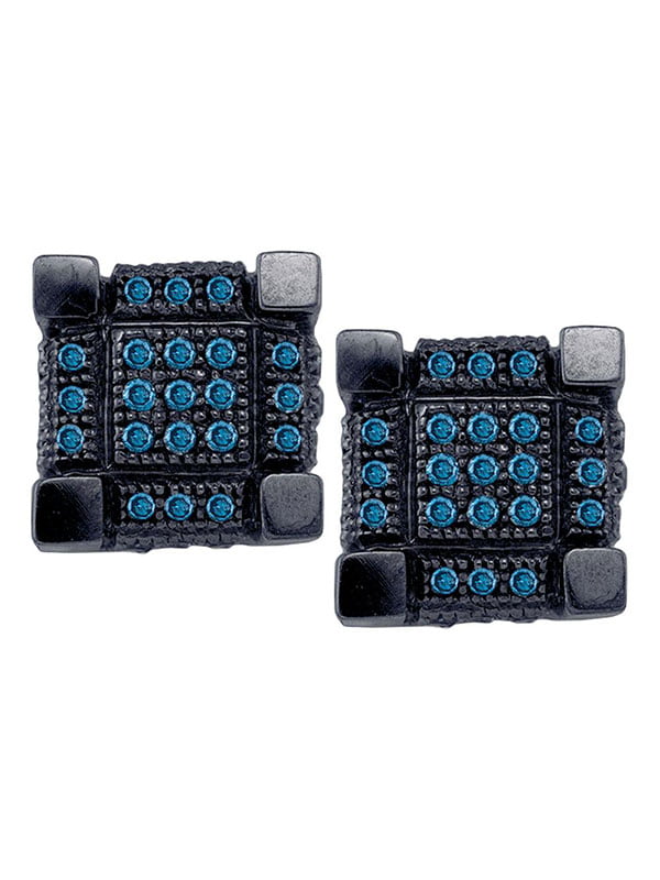 Jewels By Lux 10kt White Black-tone Gold Mens Round Blue Color Enhanced Diamond 3D Cube Square Cluster Earrings 1/3 Cttw In Pave Setting I2-I3 clarity; Blue color