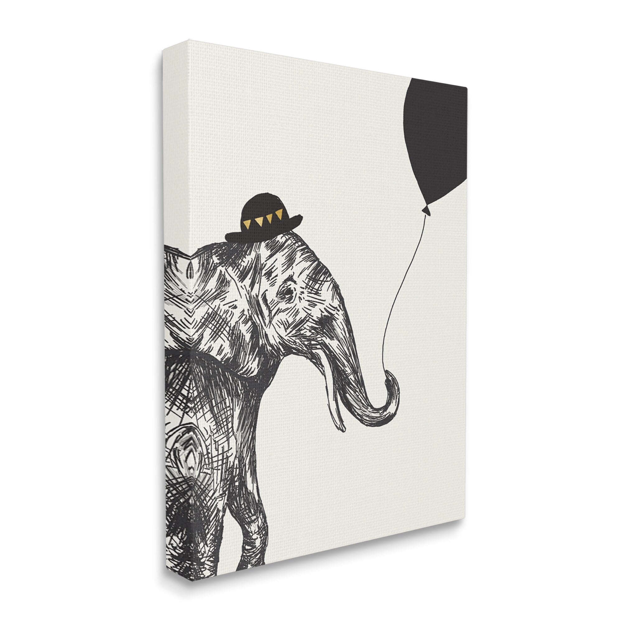 Stupell Industries Elephant with Derby Hat Holding Black Balloon, 24 x 30,Design by Heather McLaughlin