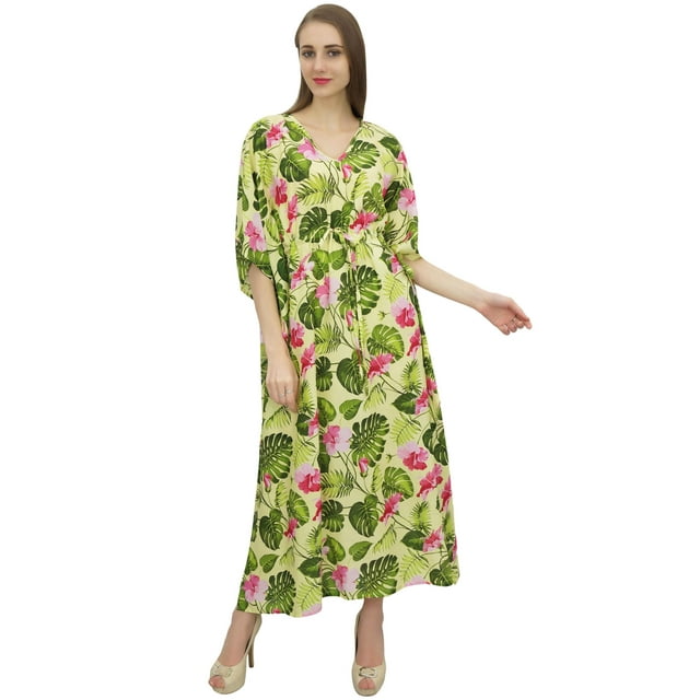 Bimba Women's Long Yellow Designer Drawstring Waist Kimono Cover Up Kaftan-14