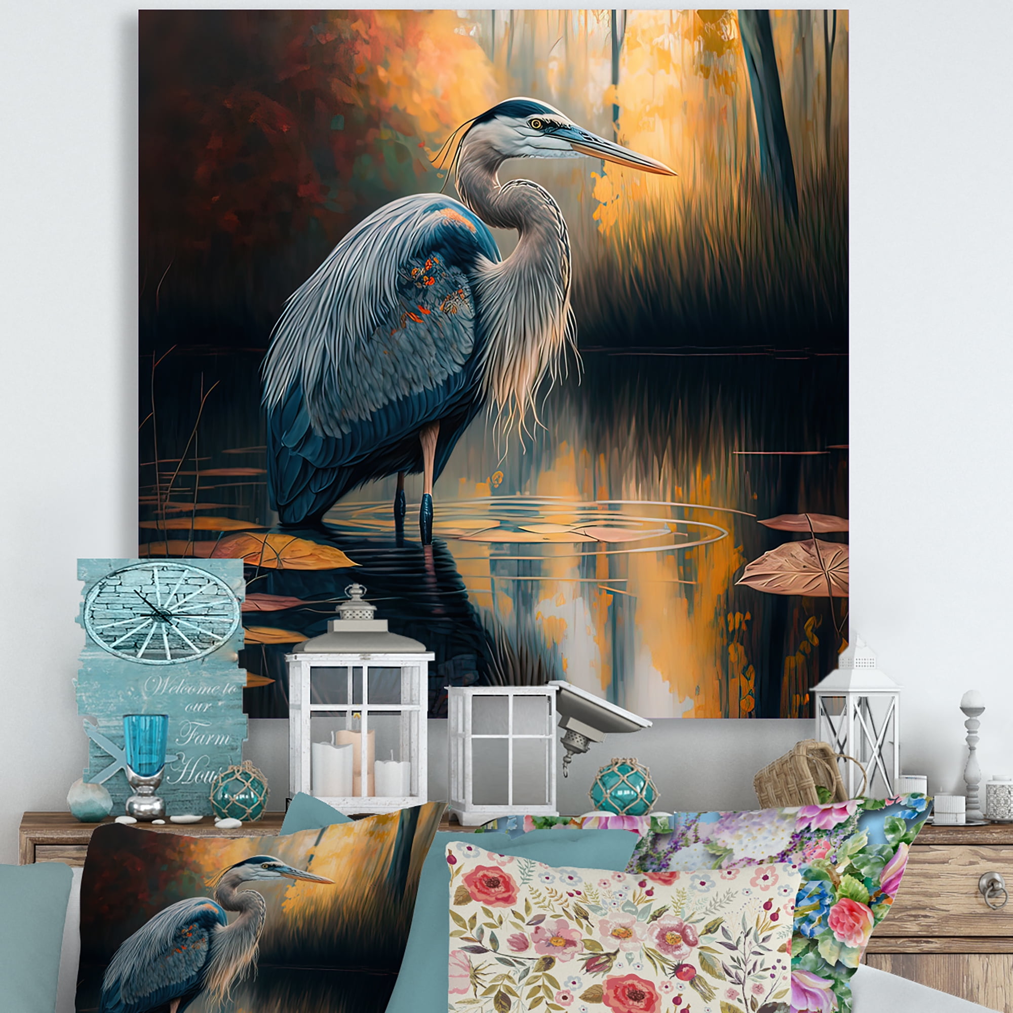 Designart Cute Heron In A Lake Floral Art I Canvas Wall Art