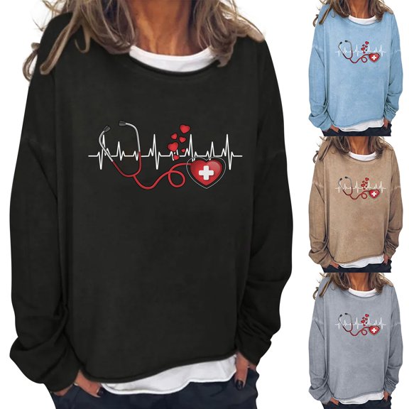 YVNAURA Women's EKG Heartbeat Graphic Print Long Sleeve Pullover Tops Crew Neck Round Neck Loose Fit Slouchy Casual Fall Outfits for Women Cozy Oversized Sweatshirt, Black,L