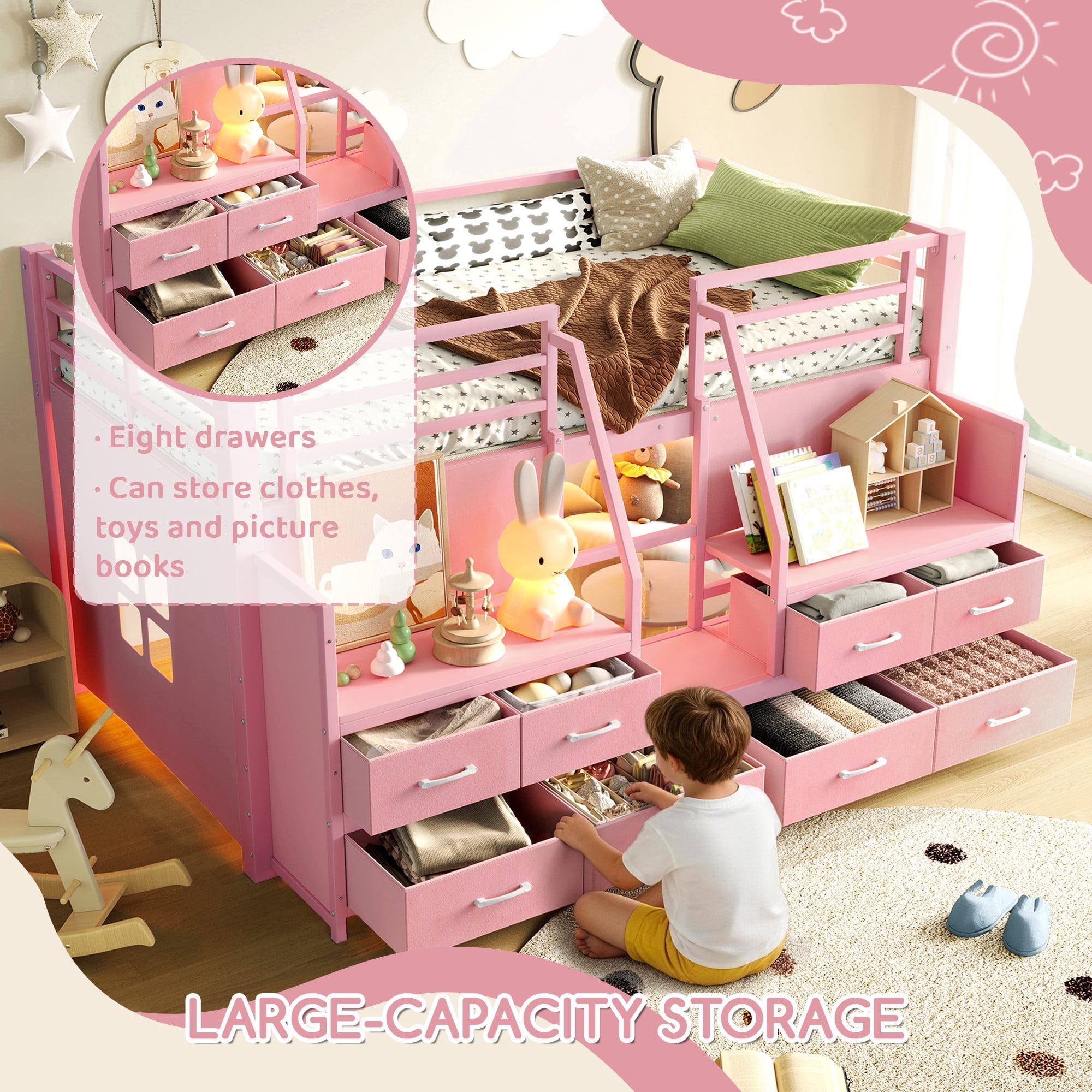Aukfa Twin Low Loft Bed with 8 Storage Drawers, Shelves & LED Lights, Metal Loft Bed for Kids Bedroom, Pink