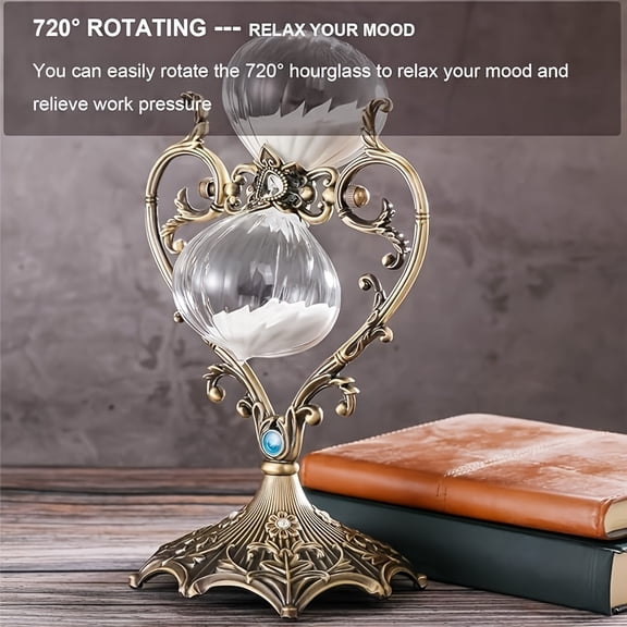 60-Minute Vintage Carved Brass Hourglass - 720° Rotating White Sand Timer