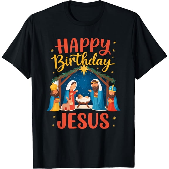 Happy Birthday Jesus Christian Christmas Nativity Scene Adult T-Shirt