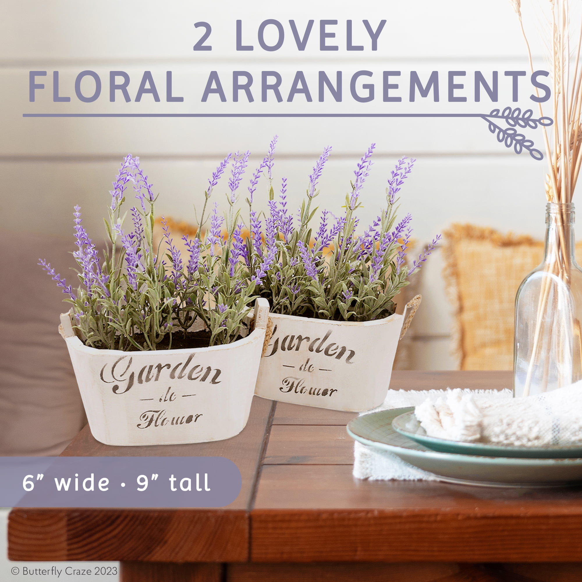 Butterfly Craze Artificial Lavender Plants in Rustic Wooden Planters -  Lifelike, Stunning Faux Silk Purple Flowers Perfect for Elevating Your  Patio, Home Décor, or Office (Set of Two), White Pots 
