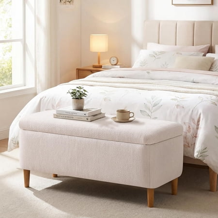Modern Fabric Storage Ottoman Bench Upholstered Bed End Seat With Hidden Organizer Box Sturdy Wooden Legs Footrest Furniture For Entryway Hallway Bedroom Beige