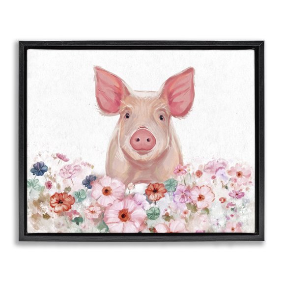 Stupell Industries French Country Pastel Piglet & Florals Black Floating Frame Canvas Art, 21 x 17, by Ziwei Li