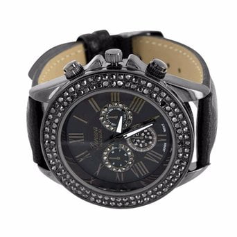 - Ladies Roman Numeral Watch Platinum Black Simulated Diamonds Water Resist