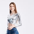 thumbnail image 6 of Fashion Glossy V Neck Crosses Wrap Long Sleeve Crop Top for Raves Parties Event Women Metallic Wetlook Bodycon T-Shirt, 6 of 9