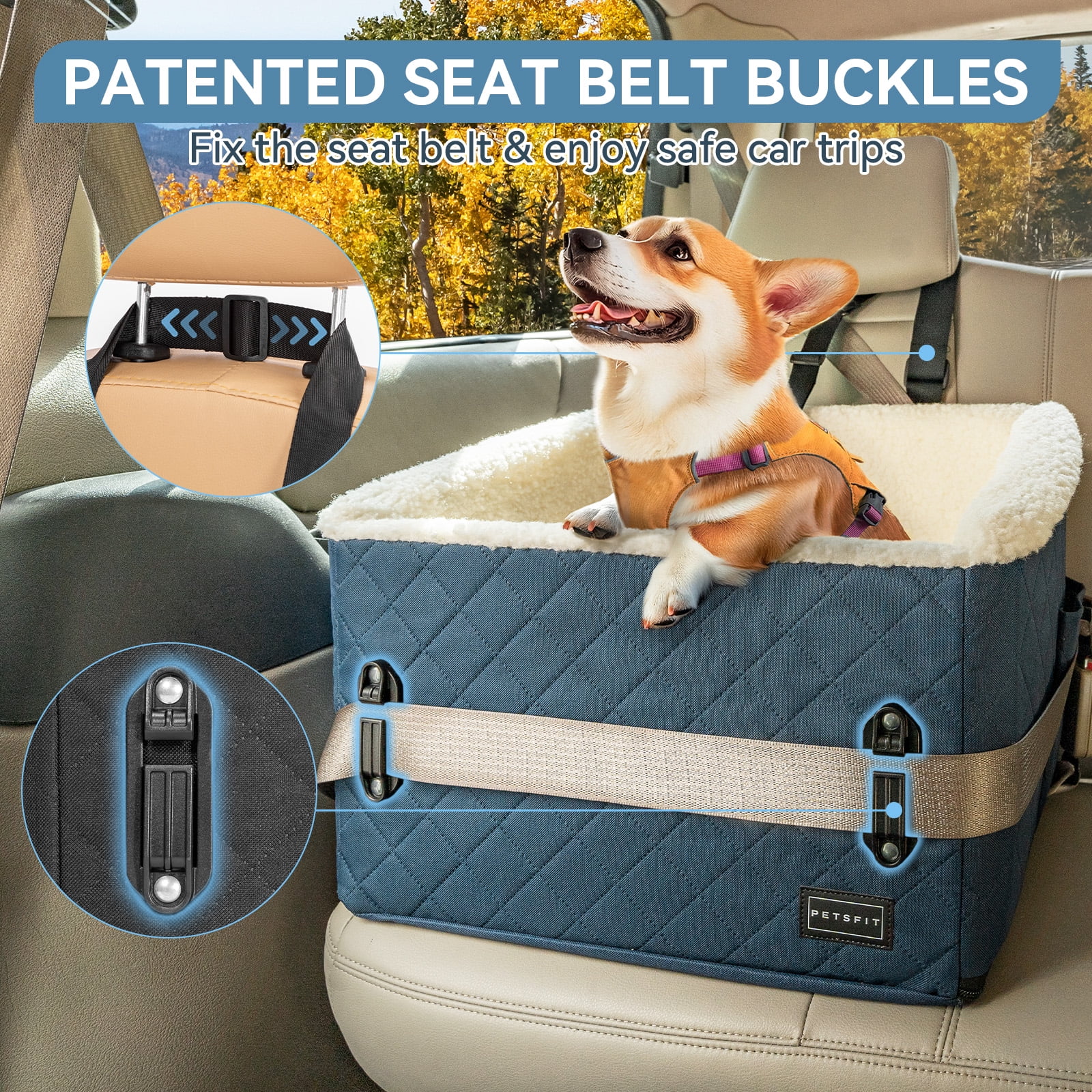 PETSFIT Pet Car Seat for Small Dogs,Patented Safety Buckles, Detachable Clip-On Safety Leash, 30 LBS (Blue)