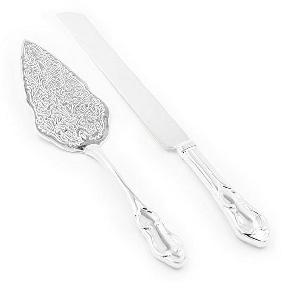 Ella Celebration Silver Wedding Cake Knife & Server Set, Vintage Cake Cutting Utensils, Party Supplies Golden Anniversary Decorations (Elegant Silver)