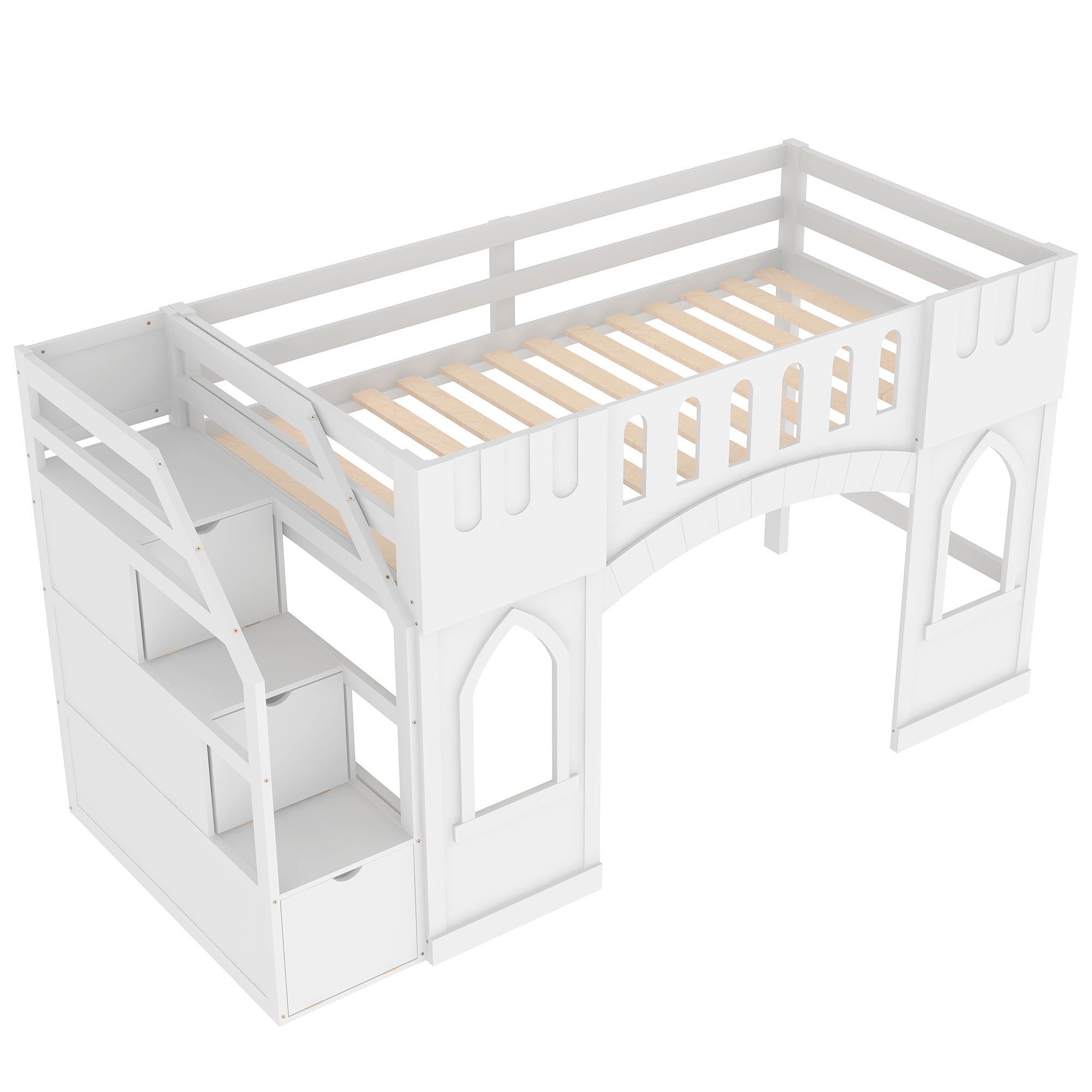 Euroco Wood Twin Size Loft Bed, Castle House Bed with Storage Staircase, White