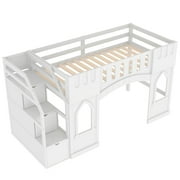 Euroco Wood Twin Size Loft Bed, Castle House Bed with Storage Staircase, White