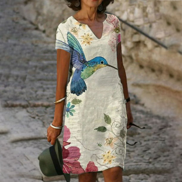 cllios Summer Dresses for Women 2023 Print Beach Dress Short Sleeve ...